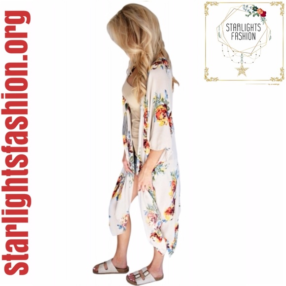 Ivory Floral Side Slit Boho Kimono - Picture 2 of 7